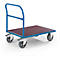 Blue platform trolley with red loading area. Four wheels, high handle.