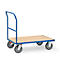 Blue transport cart with four wheels and a wooden platform. It has a blue handle.