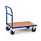 Hand cart with wooden platform and blue frame, on a white background.