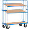 Blue transport cart with three wooden shelves on wheels.