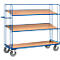 Blue rolling cart with three wooden shelves. Gray wheels.