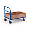 Wooden cart with blue frame and handle, four wheels.