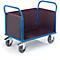 A blue metal transport cart with a brown loading area and four wheels.
