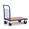 Blue transport cart with wooden plate, four wheels and grid wall.