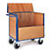 Blue transport cart with wooden box, open lid and four wheels.