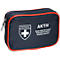 Trousse de premiers secours bleu foncé avec bordure rouge et fermeture éclair. Imprimé : croix blanche, texte 'AKTIV' et 'Premiers secours'.