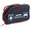 Trousse de premiers secours bleu foncé avec poignée et fermeture éclair rouges, croix blanche et imprimé.