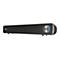 Schwarze Trust Soundbar vor weißem Hintergrund mit silbernem Drehregler und blauer LED.