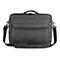 Schwarze Laptoptasche mit verstellbarem Schultergurt und Reißverschluss vor weißem Hintergrund.