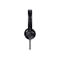 Schwarzes On-Ear-Headset mit Kabel und Mikrofonarm in der Seitenansicht vor weißem Hintergrund.