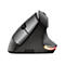 Seitliche Ansicht einer ergonomischen, schwarzen Vertikalmaus mit USB-C-Anschluss und leuchtendem Akku-Indikator.