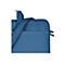 Nahaufnahme einer blauen Laptoptasche mit Textiloberfläche, Trageriemen und Reißverschluss.