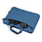 Blaue Laptoptasche mit Zubehörfach, gefüllt mit Maus und Netzteil.