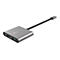 Silberner USB-C-Adapter mit mehreren AnschlÃ¼ssen, darunter HDMI, USB und USB-C-Anschluss.
