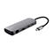 Grauer Trust USB-C Multiport-Adapter mit LAN-, HDMI- und USB-Anschlüssen auf weißem Hintergrund.