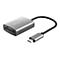 Silberner USB-C-Kartenleser von Trust mit kurzem schwarzem Kabel vor weißem Hintergrund.
