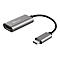 Grauer USB-C auf HDMI-Adapter der Marke Trust mit kurzem schwarzem Kabel vor weißem Hintergrund.