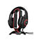 Schwarzes Gaming-Headset mit roter Beleuchtung auf Halterung. Drehregler und Logo sichtbar.