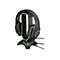 Schwarzes Gaming-Headset mit grüner LED-Beleuchtung auf einem Ständer.