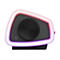 Asymmetrischer schwarzer Lautsprecher mit leuchtendem, farbigem LED-Rahmen und Ein-Aus-Symbol.