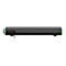 Rückseite einer schwarzen Gaming-Soundbar mit LED-Beleuchtung und Anschlusskabel vor weißem Hintergrund.