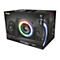 Schwarzes Lautsprechersystem in Box. Mittig groÃŸer Subwoofer mit farbigem Lichtkranz, zwei kleinere Lautsprecher daneben.