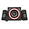 Schwarzes Lautsprecher-Set mit Subwoofer, zwei Satellitenlautsprechern und Fernbedienung. Subwoofer mit rotem Lichtring.