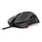 Schwarze Gaming-Maus mit Kabel, Wabenstruktur an der Seite und beleuchteter RGB-Leiste auf weißem Hintergrund.
