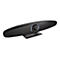 Schwarze Konferenz-Webcam in länglicher Soundbar-Form mit mittiger Kamera und weißem Lichtring auf weißem Hintergrund.