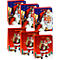 Zes kerstcadeautassen met de kerstman op blauwe en rode achtergronden.