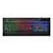 Schwarze Gaming-Tastatur mit RGB-Beleuchtung, Tastenbeschriftungen und Markenlogo.