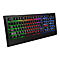 Schwarze Gaming-Tastatur mit farbiger RGB-Beleuchtung, Blickwinkel von oben. Tastatur hat normale Tastenanordnung mit zusätzlichen Funktionstasten.