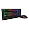 Schwarze Gaming Tastatur und Maus mit farbiger LED Beleuchtung vor weißem Hintergrund.