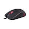 Schwarze Gaming-Maus mit roter Beleuchtung und Kabel, vor weißem Hintergrund.