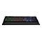 Schwarze Gaming-Tastatur mit RGB-Beleuchtung und farbigen Tasten auf weißem Hintergrund.