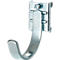 Metal hook for wall mounting. The hook is silver, attached with a bracket and a screw.