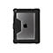 Schwarze iPad-SchutzhÃ¼lle; robuster Rahmen, transparente Mitte mit Apple-Logo. Texturierte Kanten und ein Verschluss.