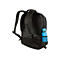 Schwarzer Rucksack mit blauer Trinkflasche in der Seitentasche. Gepolsterte Schultergurte und Griff.