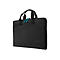 Schwarze Laptoptasche mit Griffen, teal-farbenen ReiÃŸverschlÃ¼ssen und Markenlogo.