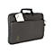 Schwarze Laptoptasche mit Smartphone in der Fronttasche, Griff oben. Auf der Tasche steht Tucano.