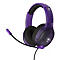Casque de jeu violet avec microphone sur fond blanc.