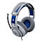Graues Gaming-Headset mit blauem Akzent, PlayStation-Logo und Mikrofon.