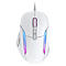 Souris de jeu blanche avec éclairage LED. Boutons latéraux et molette visibles.