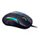 Schwarze Gaming-Maus mit grünen und blauen LED-Lichtern, Scrollrad und Kabel.