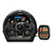 Un volant de course avec écran intégré affichant la vitesse, le régime et le rapport de vitesse, et une unité de contrôle séparée avec boutons et interrupteurs.