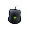 Schwarze Gaming-Maus mit Leuchtlogo, Kabel, Detailansicht.