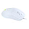 Souris de jeu blanche avec câble, vue détaillée. Sur le dessus, une molette de défilement et un logo.