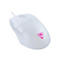 Souris de jeu blanche avec logo palm beach. Molette, boutons latéraux et câble clairement visibles.
