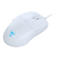 Souris d'ordinateur blanche avec câble, molette de défilement et logo de l'entreprise sur fond blanc.