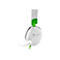 Ein weißes Gaming-Headset mit grünen Akzenten, im Detail mit Mikrofon und Kabel vor weißem Hintergrund. Der Kopfbügel hat grüne Details.